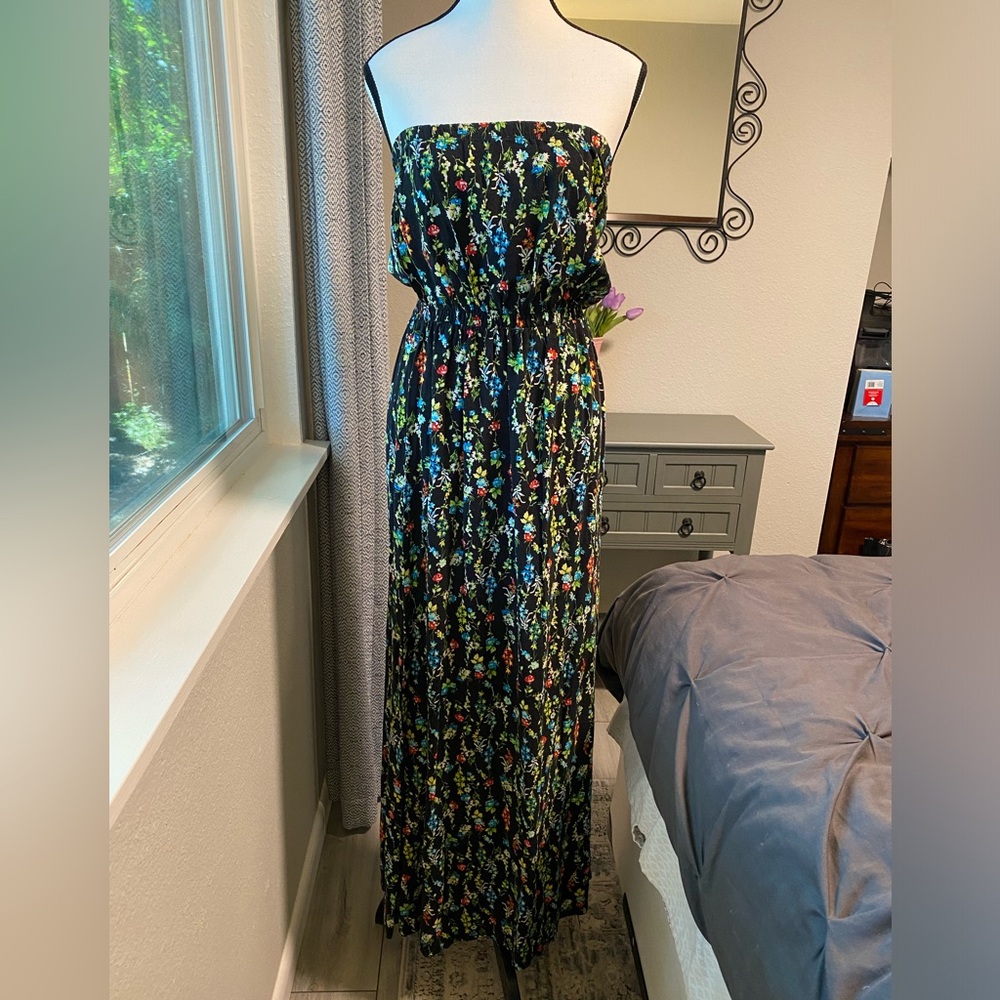 Black Floral Maxi Dress with Elastic Waist - Size Medium